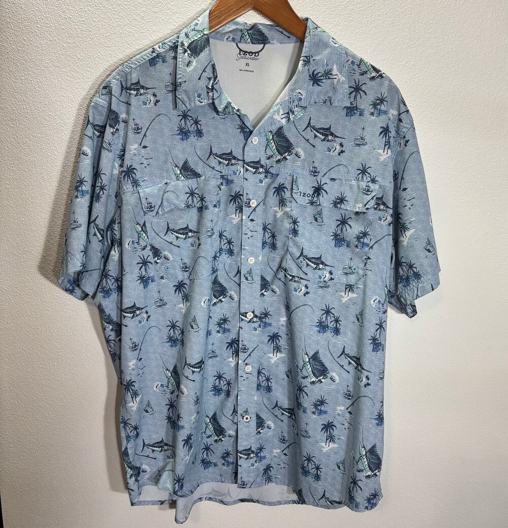 Izod Saltwater XL Blue Fishing Hawaiian Shirt Marlin Palm Button Front